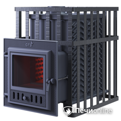 Дровяная банная печь Гефест ЗК в сетке-18 (М) чугунная дверца со стеклом, запатентованная каменка сетка в Кемерове